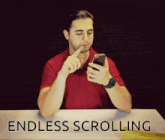 a man sitting at a table with his finger on his lips and the words endless scrolling written below him