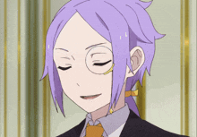 a cartoon character with purple hair and glasses is wearing a suit and tie
