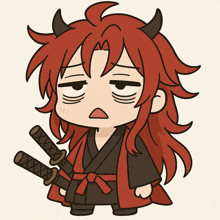 a cartoon drawing of a person with red hair and horns holding two swords