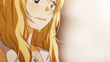 a blonde anime girl with a blue star necklace