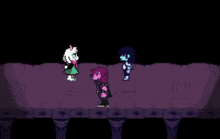 a group of cartoon characters are standing next to each other in a dark room in a video game .