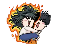 a cartoon of a man holding a woman in his arms with flames behind them