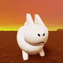 a white rabbit with black eyes and a mustache is standing in the dirt .