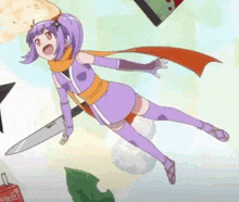a cartoon girl is flying through the air with a knife in her hand .