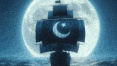 a boat with a crescent moon and star on the sails
