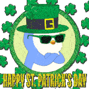 a happy st. patrick 's day greeting card with a penguin wearing a leprechaun hat and sunglasses