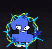 a cartoon drawing of a blue number four surrounded by lightning bolts