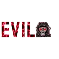 the word evil is written in red letters with a picture of a monkey on the bottom