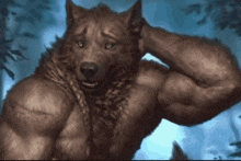 a painting of a werewolf with big muscles and a blue background