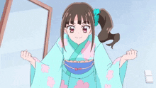 a girl with brown hair and pink eyes is making a face with her hands