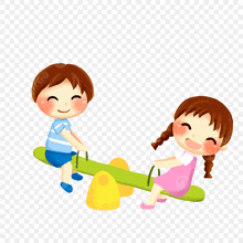 a boy and a girl are playing on a seesaw and the boy is smiling