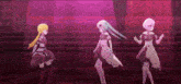 three anime girls are dancing on a stage in front of a purple background .