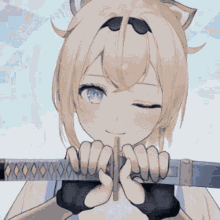 a girl with a sword in her mouth is holding a pink object .