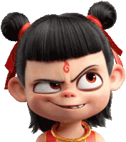 a close up of a cartoon character with a red g on her forehead