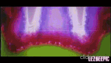 a purple and pink background with a green border and a purple glowing object in the middle .