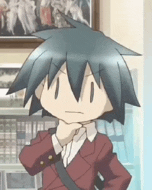 a cartoon character with a serious look on his face is standing in front of a bookshelf with his hand on his chin .