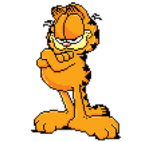 garfield is standing with his arms crossed and looking at the camera .