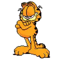 garfield is standing with his arms crossed and looking at the camera .