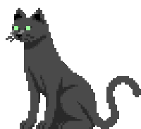 a pixel art drawing of a black cat with green eyes and a red nose .