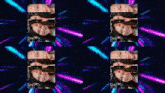 a collage of images of a woman with glasses and a purple background