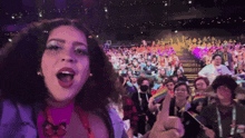 a woman stands in front of a crowd at a concert and holds a rainbow flag