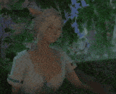a woman is sitting in the woods with her eyes closed surrounded by trees and flowers .