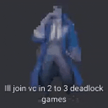 a pixel art of a man in a blue coat standing in a dark room .