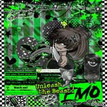 a picture of a girl with a knife and the words unleash the beast on the bottom