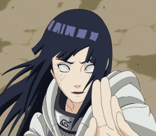 a girl with long black hair and white eyes has a naruto symbol on her chest