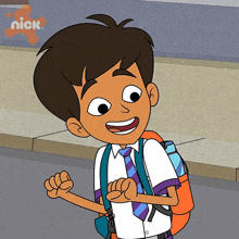 a cartoon boy with a backpack and a nick logo in the background