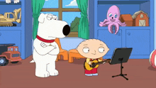 a cartoon character playing a guitar next to another character