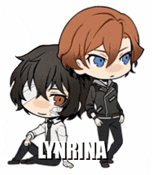 a couple of anime characters standing next to each other with the name lynnina on the bottom right