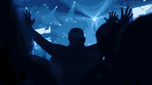a crowd of people with their arms in the air at a concert