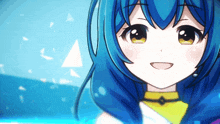 a cartoon girl with blue hair and yellow eyes