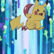 a pikachu with a red and white ball on its back