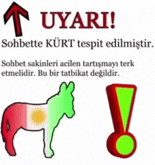 a donkey with the kurdish flag on its back is next to an exclamation mark