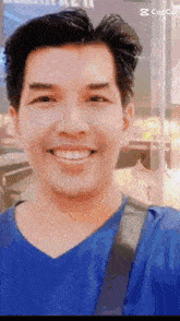a man in a blue shirt is smiling in front of a sign that says copcut
