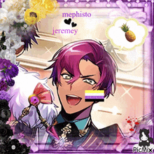 a picture of mephisto jeremy with flowers and a pineapple
