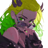 a drawing of a girl with green hair and horns