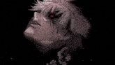 a black and white drawing of a man with red eyes and white hair