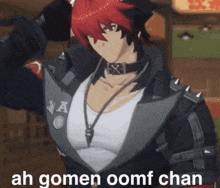 a man with red hair is wearing a black jacket and a choker and says ah gomen oomf chan
