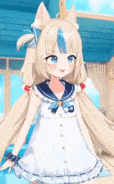 a cute anime girl with blonde hair and blue eyes is wearing a sailor dress .