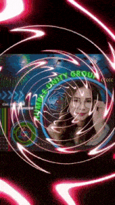 a woman 's face is surrounded by a swirl of lights and the word unity group is on the bottom