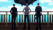 three men standing on a balcony looking at a helicopter