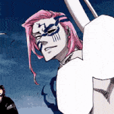 a drawing of a woman with pink hair and a blue and white face