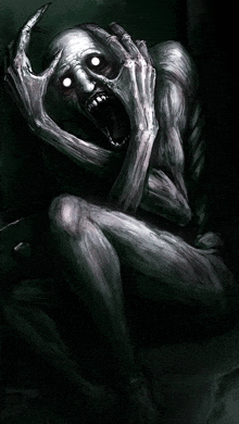 a drawing of a monster with white eyes screaming