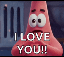 patrick star from spongebob squarepants is making a heart with his hands and saying i love you !