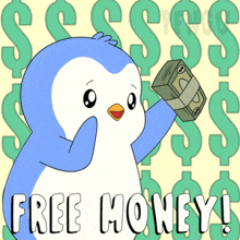 a penguin is holding a stack of money with the words free money written below it