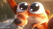 a cartoon squirrel with big eyes and sharp teeth is looking at the camera .