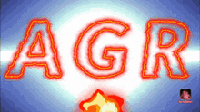 the word agr is on a blue background with a fire coming out of it